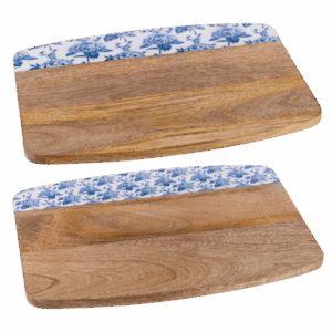 Set of 2 mango wood cutting board with blue and white hydrangea design